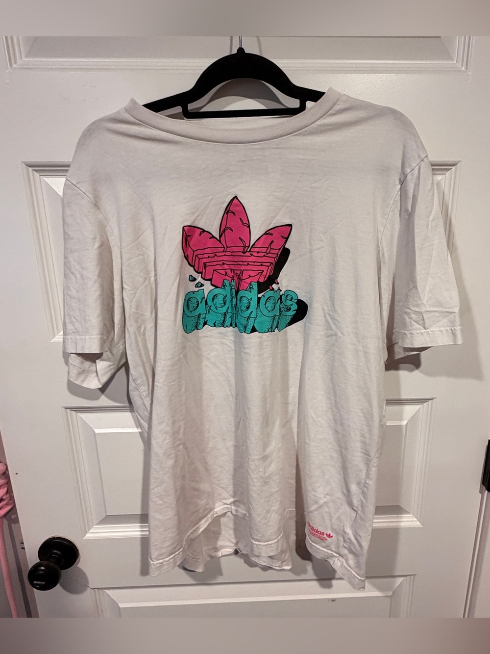 Adidas White Tee with Pink & Teal Trefoil Graphic Size L